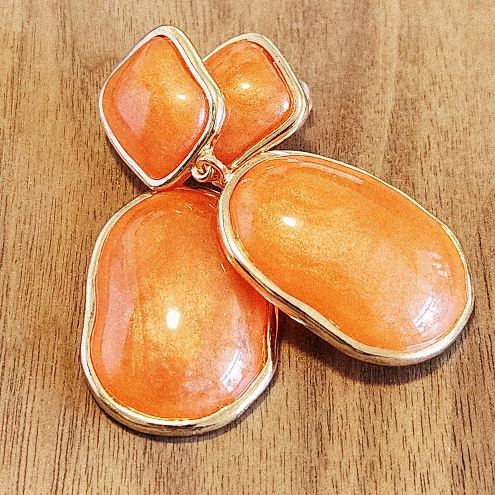 Orange Shimmer Resin Drop Earrings Gold Tone Geometric Statement Dangle 2.0